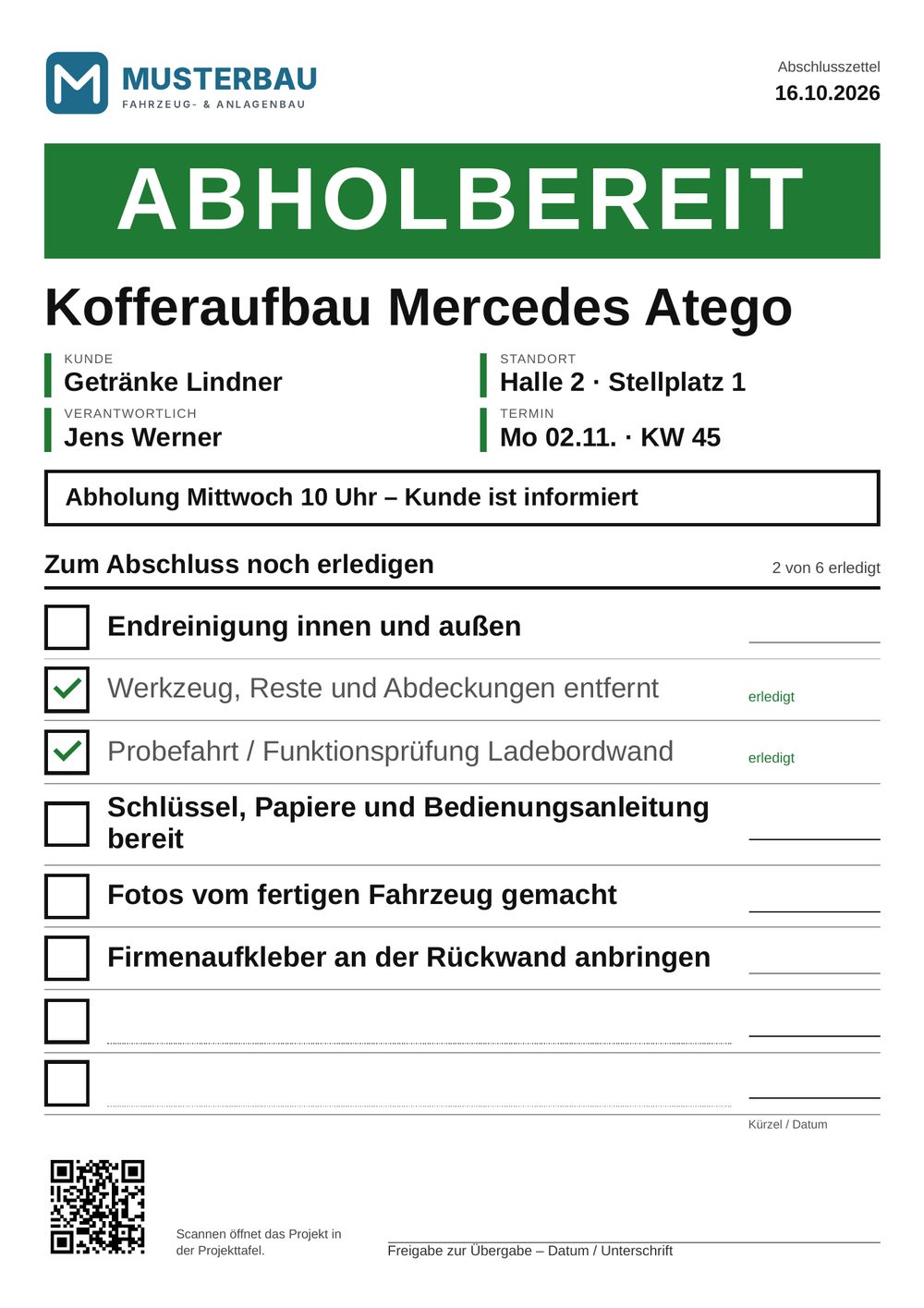 Abschlusszettel ABHOLBEREIT mit Checkpunkten
