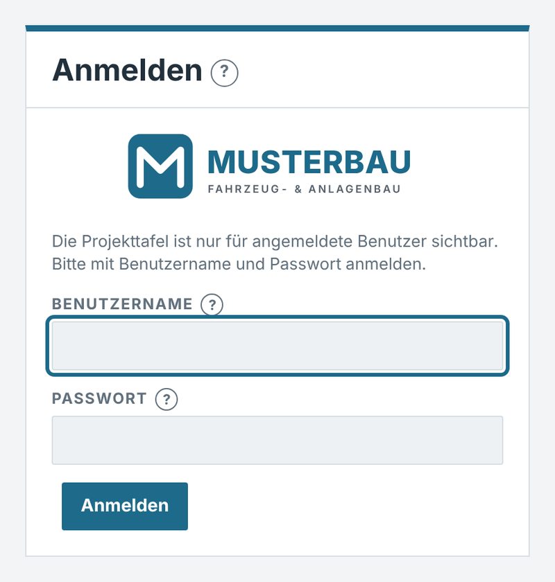 Anmeldeseite der Projekttafel mit Firmenlogo