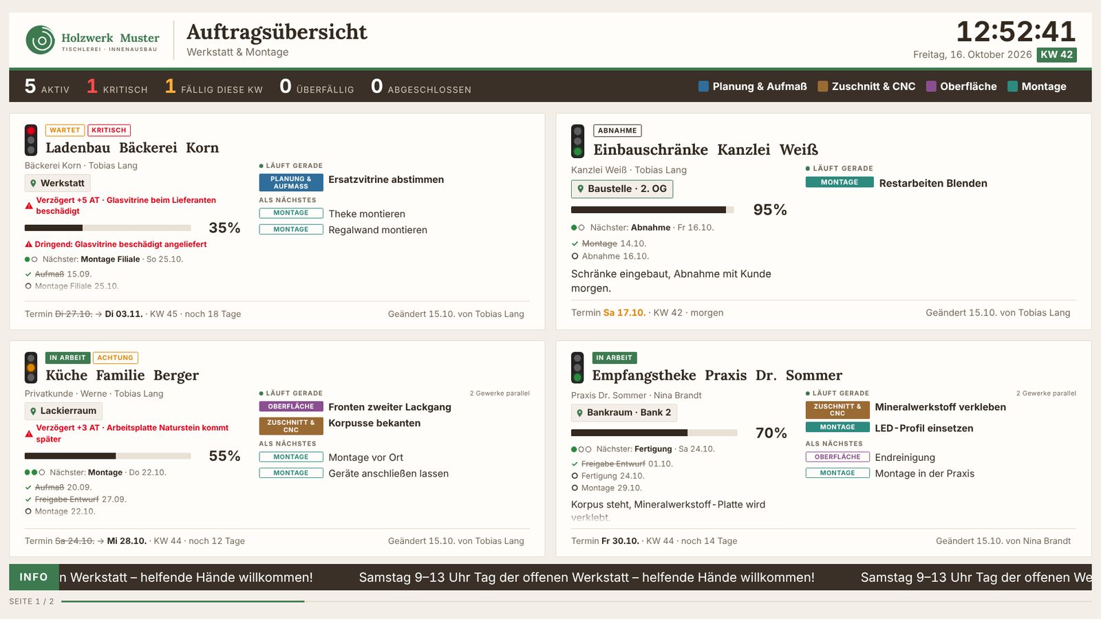 Designbeispiel Tischlerei in Waldgrün mit Serifenschrift