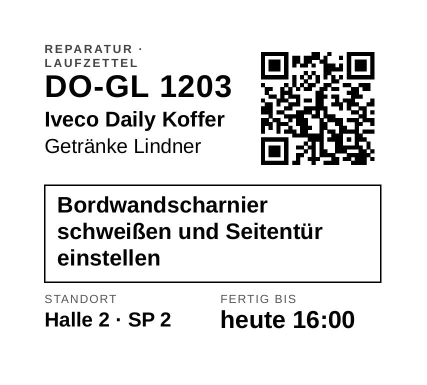 Laufzettel im Etikettenformat mit Kennzeichen und QR-Code