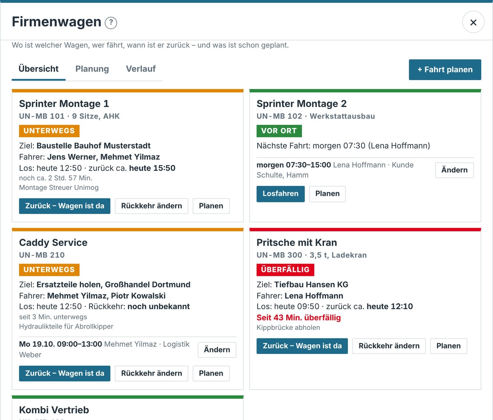 Übersicht der Firmenwagen mit Status unterwegs, vor Ort und überfällig