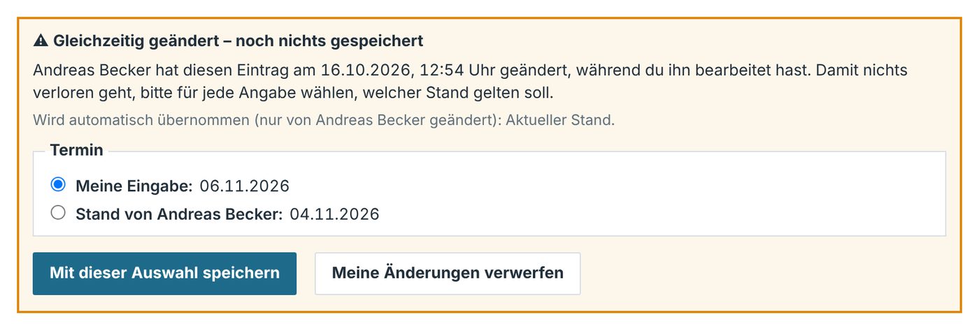 Hinweis gleichzeitig geändert mit Auswahl des gültigen Stands