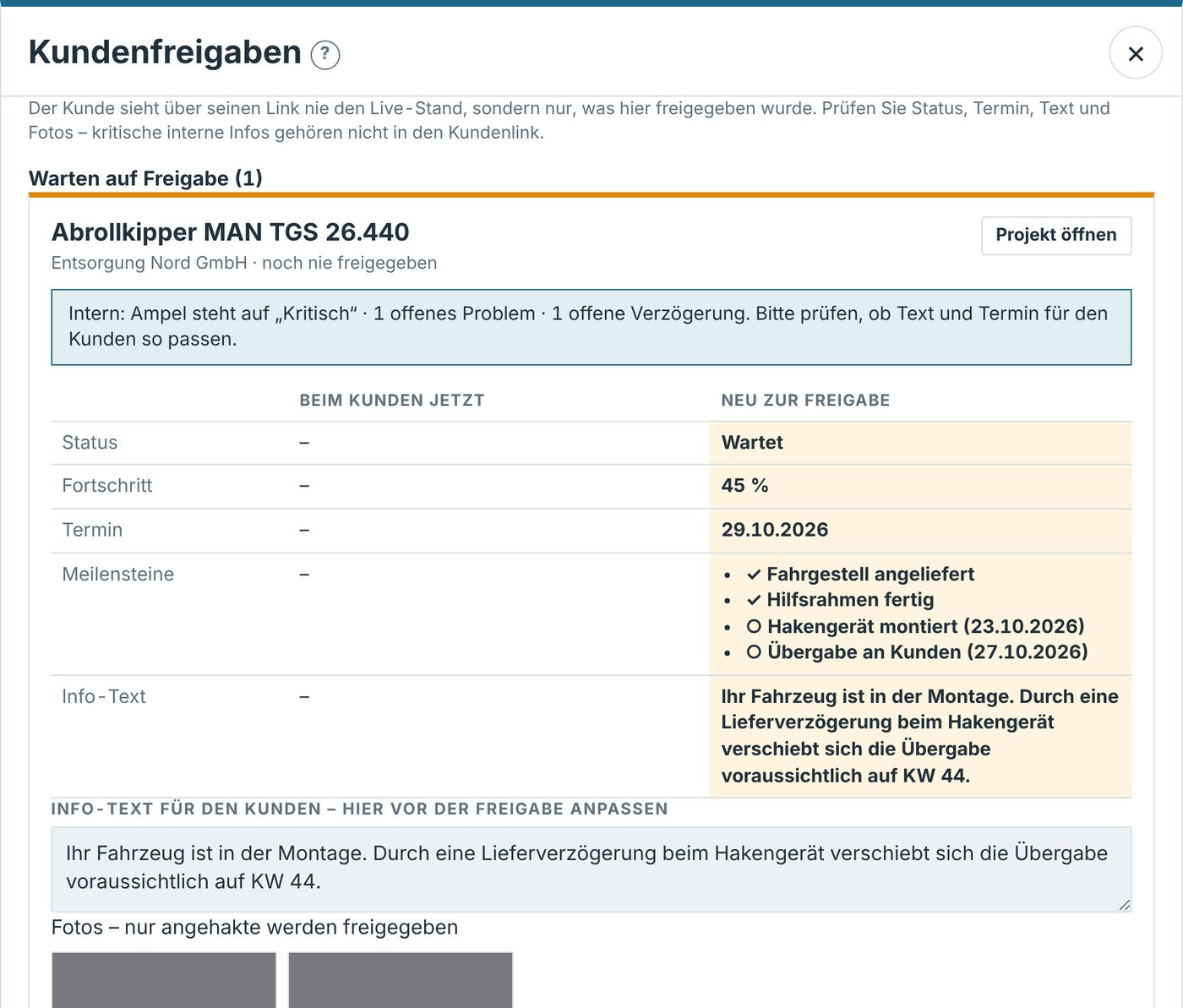 Kundenfreigabe mit Vergleich des Kundenstands und des neuen Stands