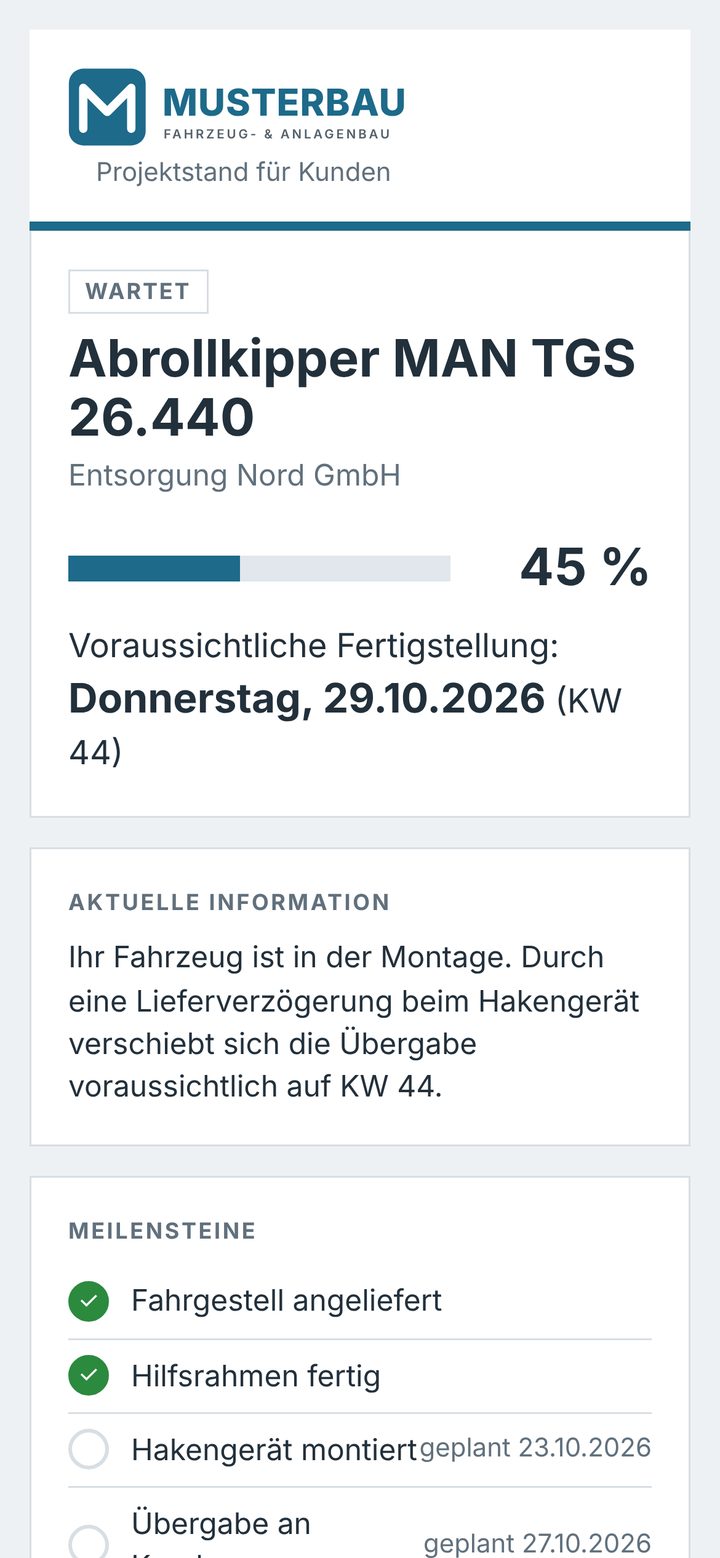 Kundenansicht mit Fortschritt und Liefertermin