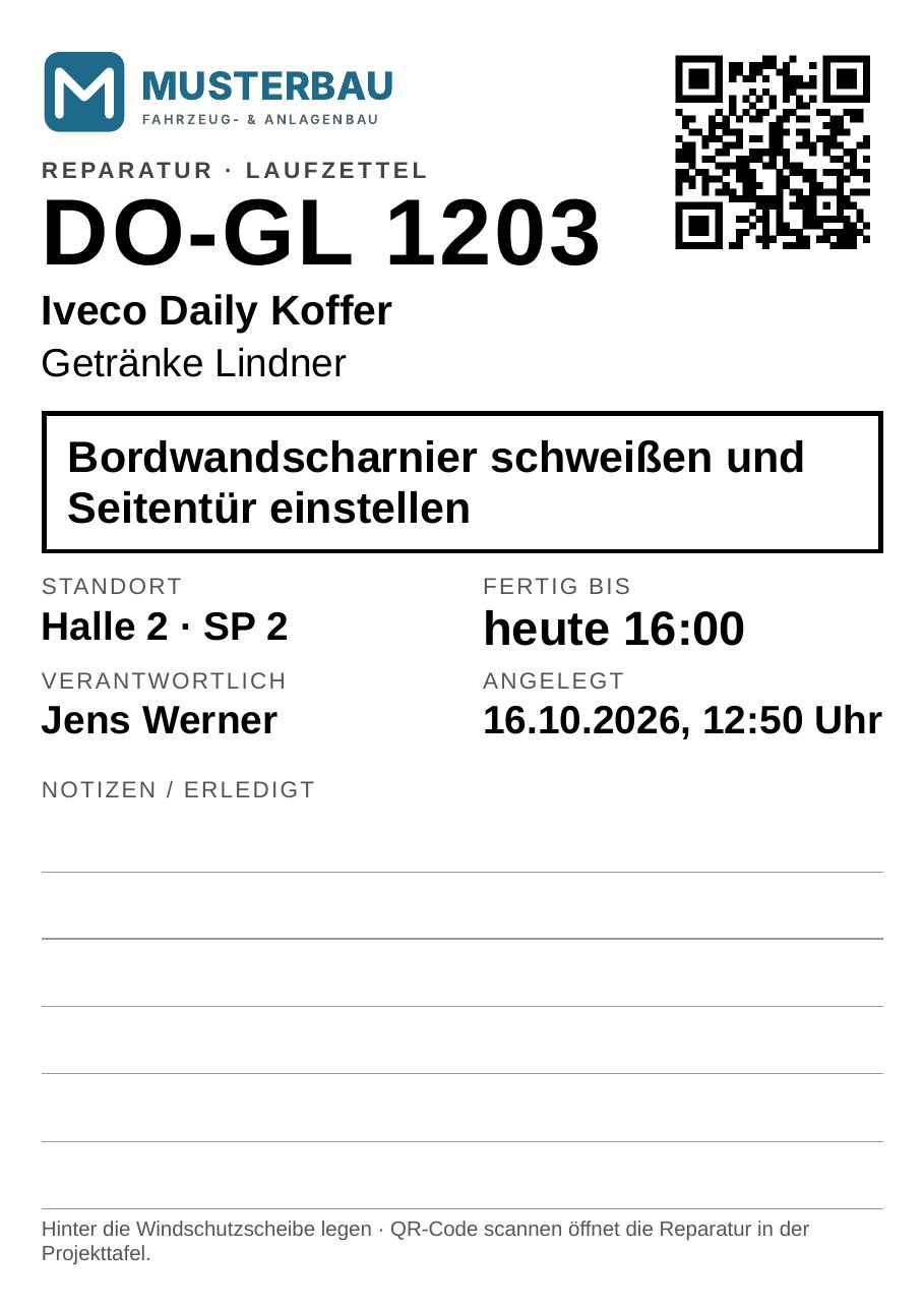 Laufzettel DIN A4 mit Logo, Auftrag und QR-Code