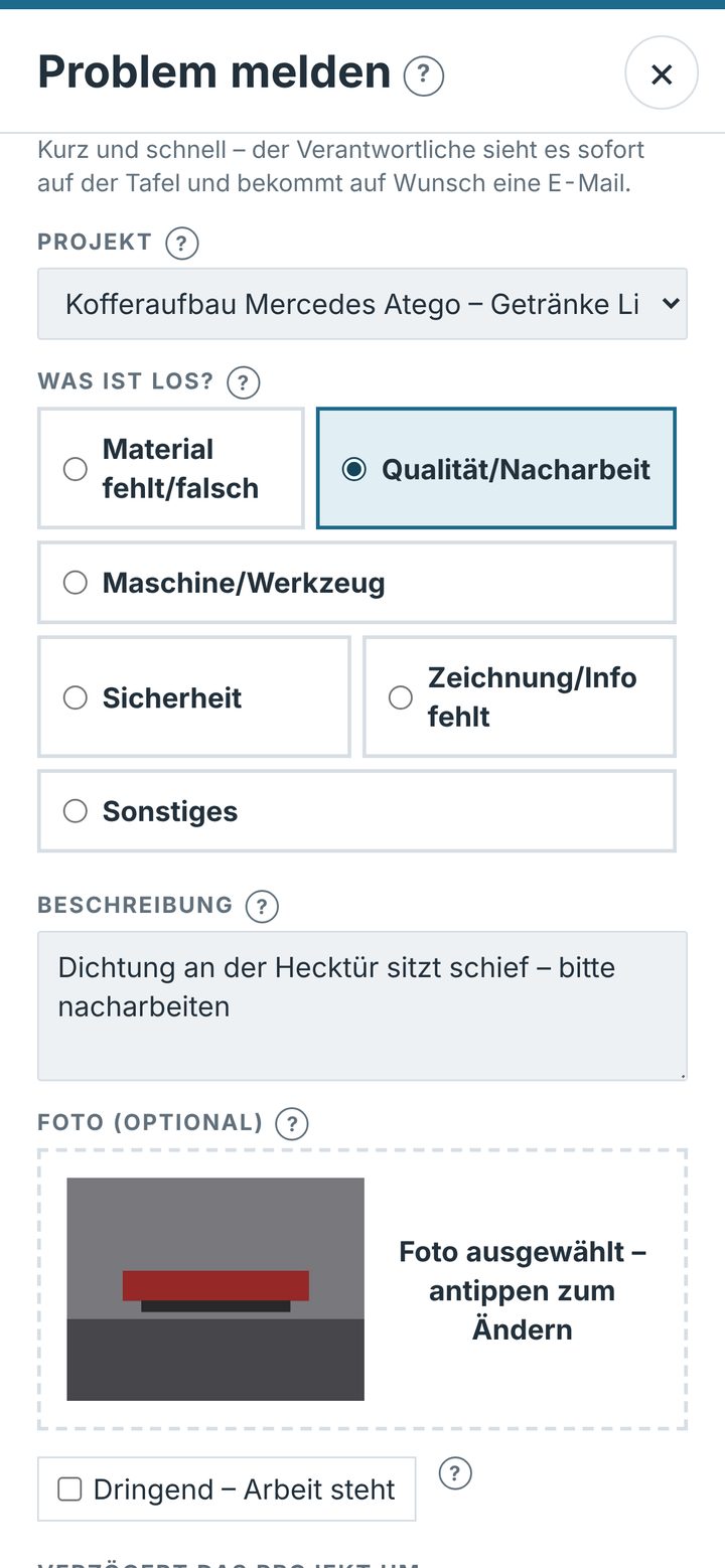 Formular Problem melden am Handy