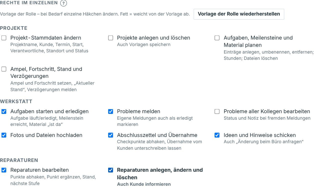 Einzelrechte eines Benutzers mit Häkchen in Gruppen