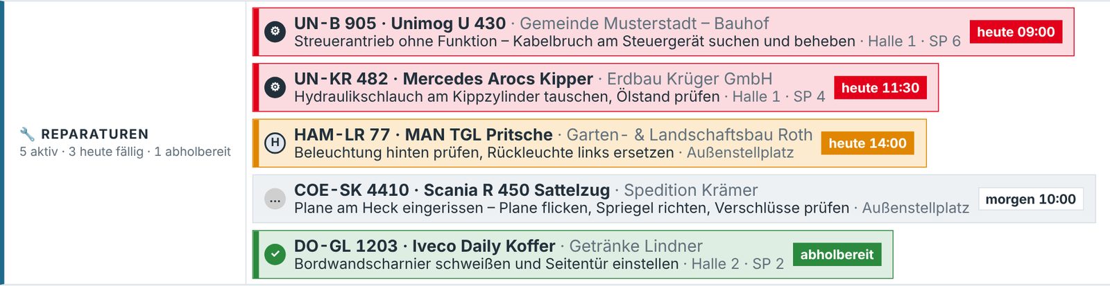 Reparaturen-Leiste mit Farben nach Fälligkeit
