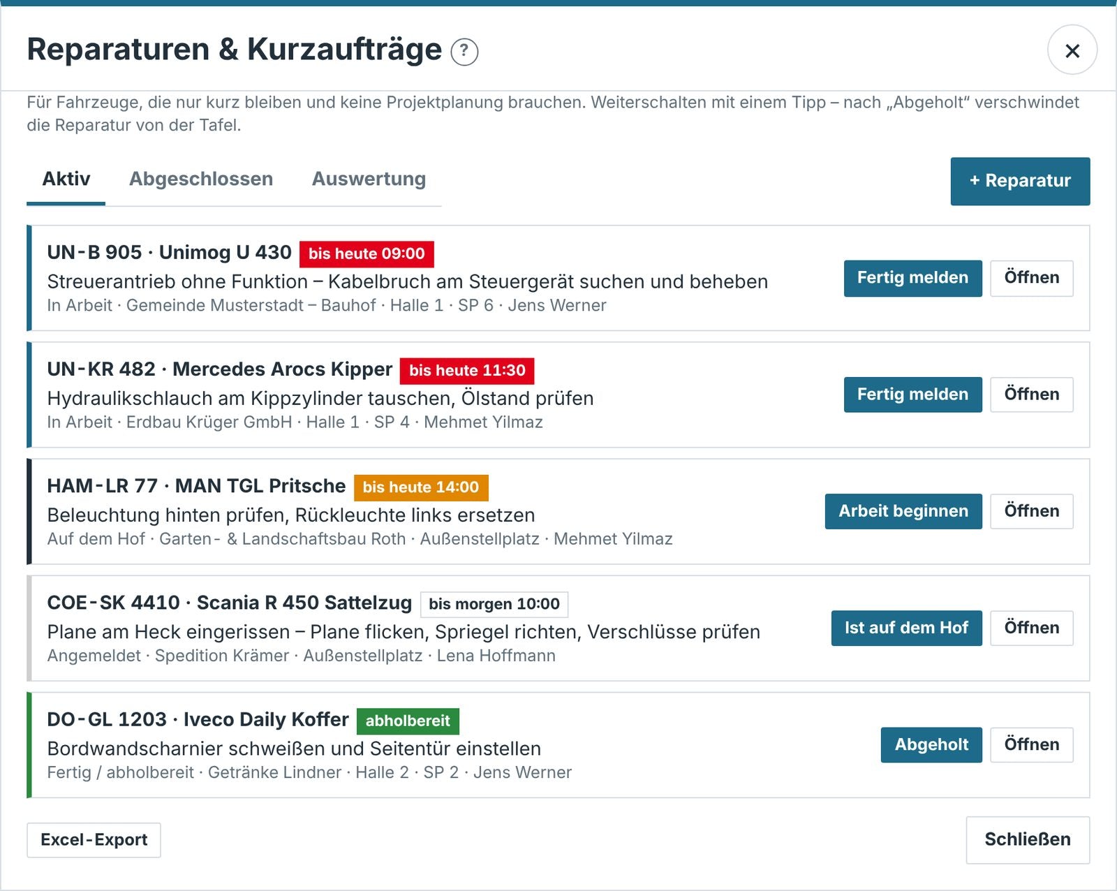 Liste der Reparaturen mit Stufen und Fertig-Zeiten