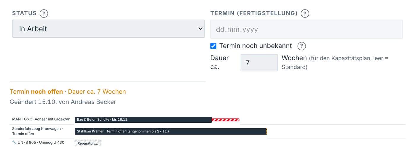 Haken Termin noch unbekannt mit Dauer und gestricheltem Balken
