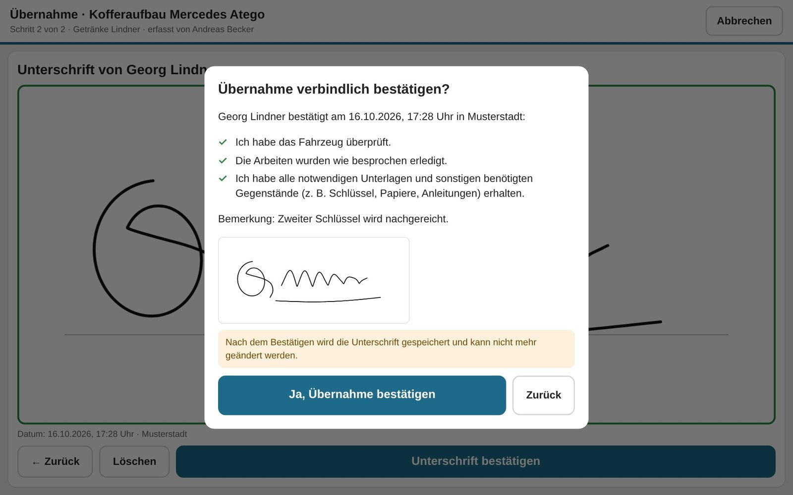 Hinweisfenster zur verbindlichen Bestätigung der Übernahme