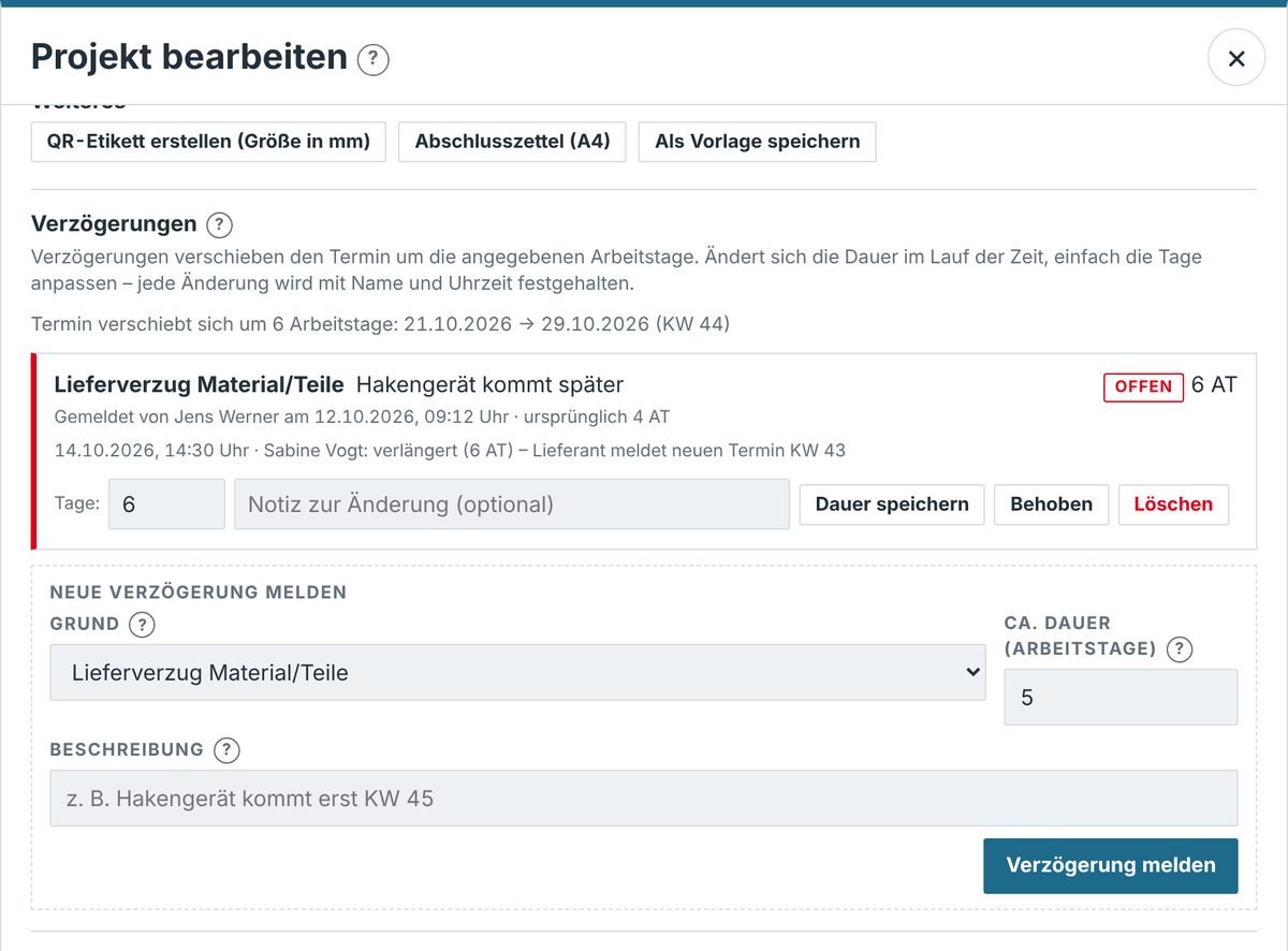 Formular für Verzögerungen mit Grund