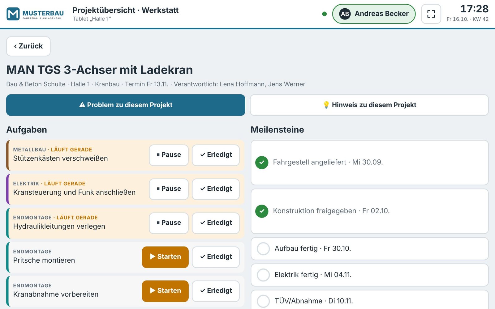 Projekt am Werkstatt-Tablet mit Aufgaben, Meilensteinen und Material