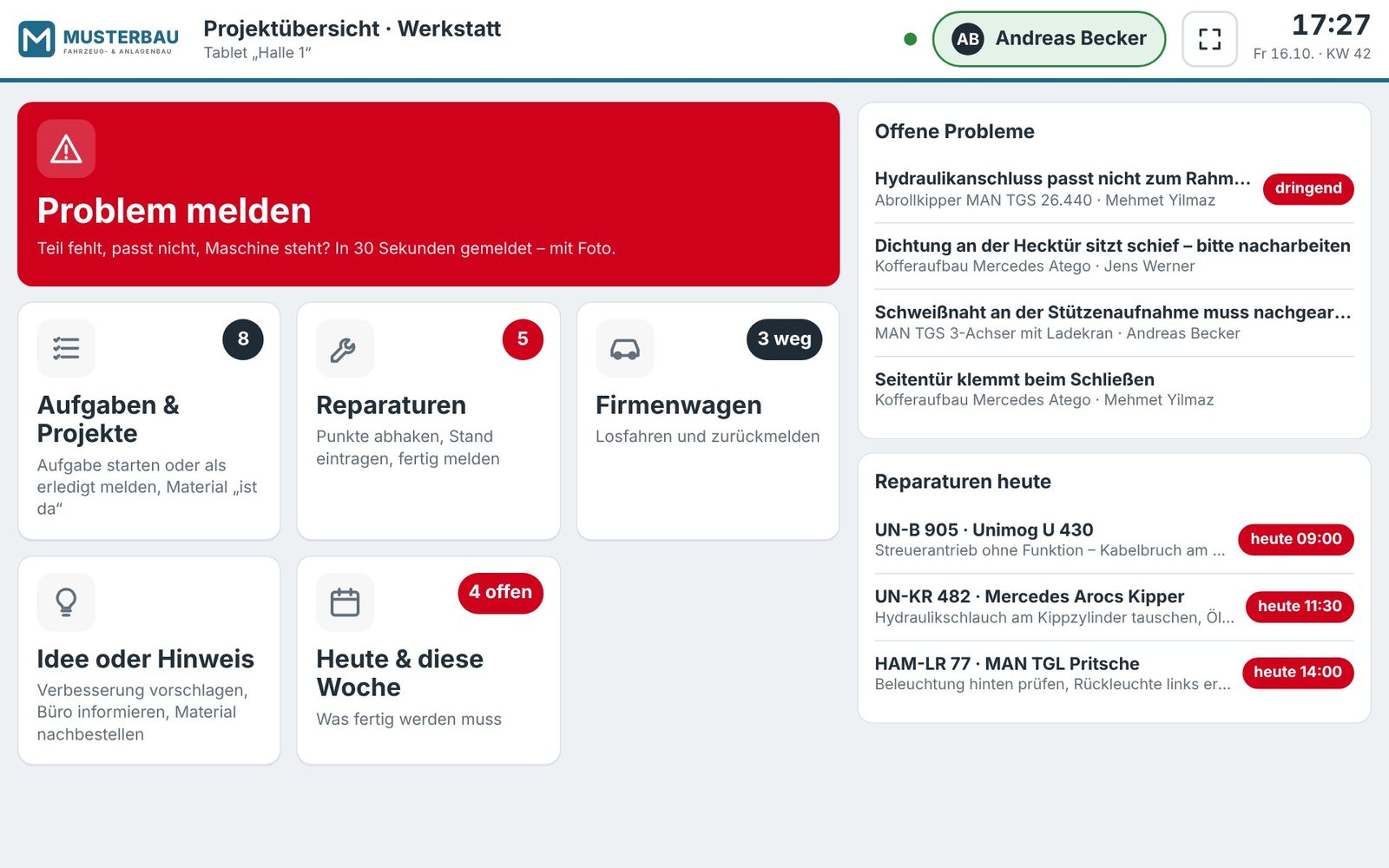 Startseite des Werkstatt-Tablets mit großem Knopf Problem melden