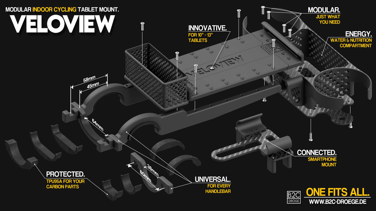 VeloView - Universal Modular Road Bike / Indoor Cycling Tablet Mount - Also for Aero Handlebars